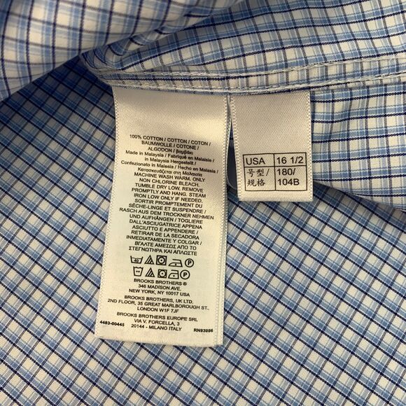 Brooks Brothers Shirt Mens 16.5 Blue White Plaid Milano Non Iron Cotton *READ - Picture 7 of 11